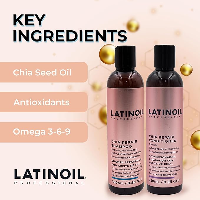 LATINOIL Chia Seeds Hair Repair Shampoo And Conditioner Sulfate & Paraben Free - Very Rich Natural Treatment Product, Thicken the Hair, Safe for Color Treated, Curly, Textured Hair, 8 Oz