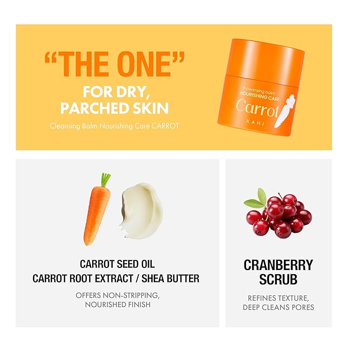 KAHI Cleansing Balm Nourish Care Carrot - Makeup Remover Balm with Carrot Seed Oil, Shea Butter & Cranberry Scrub - Gentle Exfoliating Korean Skincare 1.69 oz