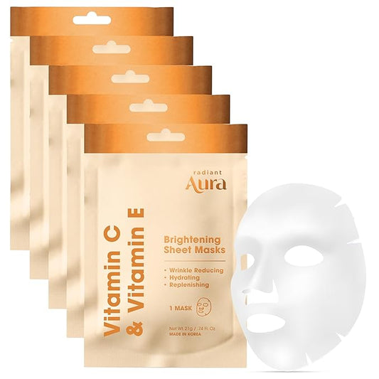 Face Sheet Mask with Vitamin C & E - Dermatologist Tested Korean Beauty Mask for Brightening & Deep Hydration - Premium Facial Treatment for Glowing & Rejuvenated Skin - 5 Pack