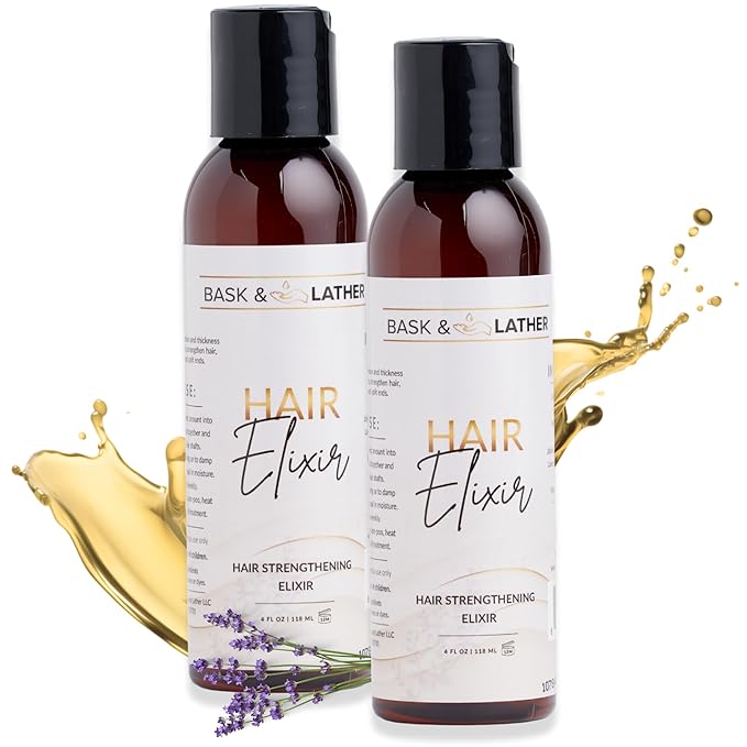 BASK & LATHER Elixir Hair Strengthening Oil, Jamaican Black Castor Oil, For Volume, Thickness, Detangle, De Frizz, Conditions New Hair Growth, 4 fl oz, 2PK