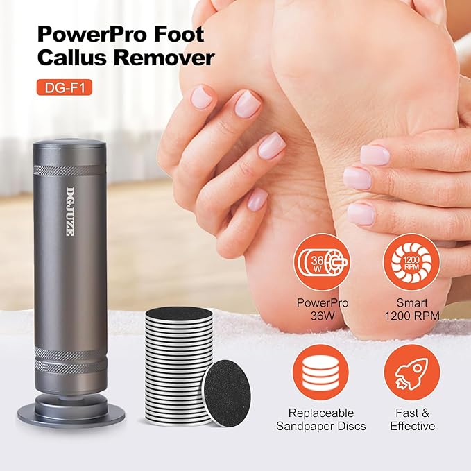 PowerPro Electric Foot Callus Remover,36W Professional 1200rpm Adjustable Speed Metal Body Heavy Duty Grinder for Dead Skin,Automatic Foot Sander with 60pcs Sandpaper Pads(Grey)