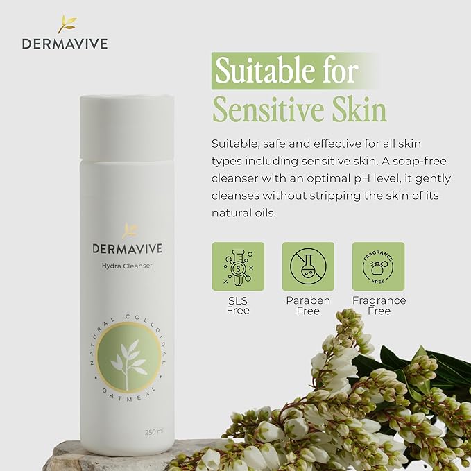 Dermavive Hydrating Facial Cleanser, Soap-Free Gentle Cleanser with Colloidal Oatmeal & Vitamin E, Soothes & Moisturizes Dry Sensitive Skin, Suitable for All Skin Types, 250ml (8.5oz)