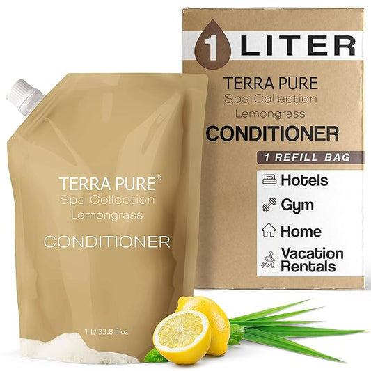 Terra Pure Spa Collection 1 Liter Conditioner Refill Bag For Soap Dispensers | Bulk Toiletries for Vacation Rentals, and Home Bathroom Showers | Green Tea Lemongrass | Single