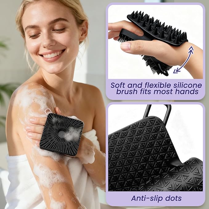 Manmihealth Dual-Sided Silicone Body Scrubber Scalp Massager & African Bath Sponge Net Set, 2-in-1 Silicone Shower Shampoo Brush Africa Wash Net Combination, Lather Well, Strong Exfoliating (Black)