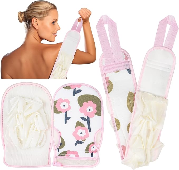 Deep Exfoliating Glove for Shower 2PCS: 1 Double-Sided Mitt, 1 Extra Long Exfoliating Washcloth - Extreme Body & Back Scrubber for Shower, Massage Scrub Exfoliator & Bath Loofah Sponge (Pink)