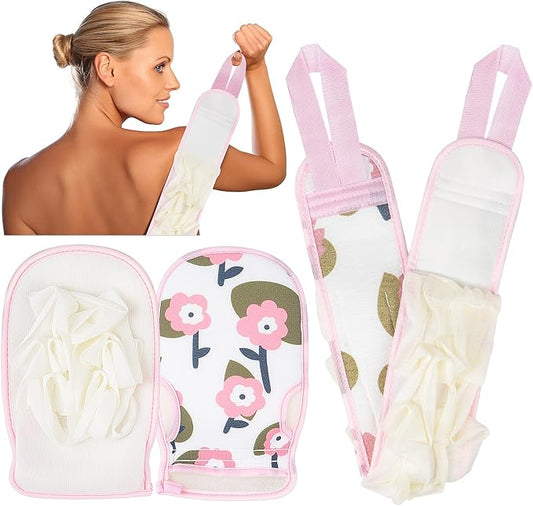 Deep Exfoliating Glove for Shower 2PCS: 1 Double-Sided Mitt, 1 Extra Long Exfoliating Washcloth - Extreme Body & Back Scrubber for Shower, Massage Scrub Exfoliator & Bath Loofah Sponge (Pink)