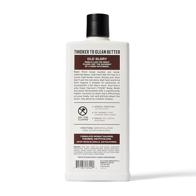 Duke Cannon Supply Co. Thick High Viscosity Body Wash - 3X Thicker, Plant-Based, Mineral-Enriched Body Wash for Men - Bourbon, Naval Diplomacy, Old Glory, & Bay Rum