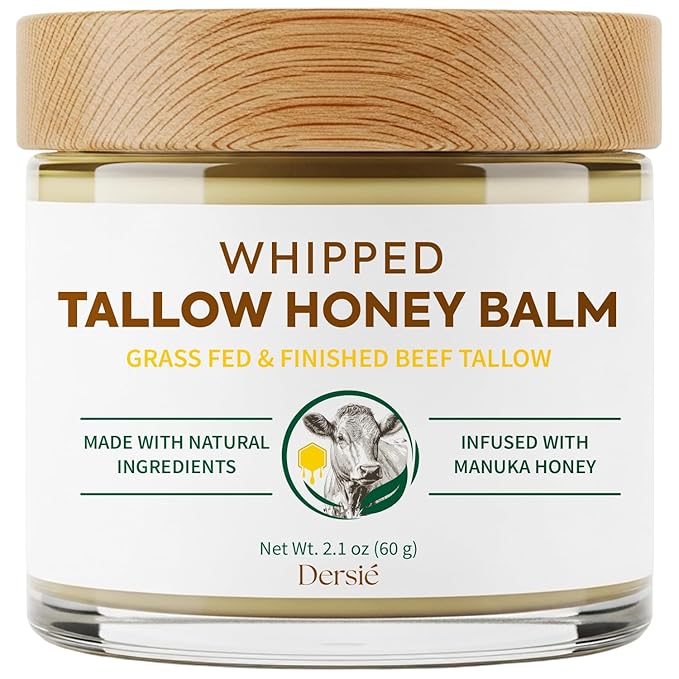Dersie Tallow and Honey Balm for Face: 100% Grass-Fed Whipped Tallow Balm with Manuka Honey for Dry, Sensitive & Mature Skin – Deep Hydration & Soothing – Suitable for Women, Men & Kids (2.1 oz)
