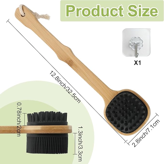 Silicone Back Scrubber for Shower, Stocking Stuffers for Men, Silicone Bath Body Brush Loofah with Long Handle, Dual-Sided Shower Brush for Body, Black Exfoliating Body Scrubber Back Washer with Hook