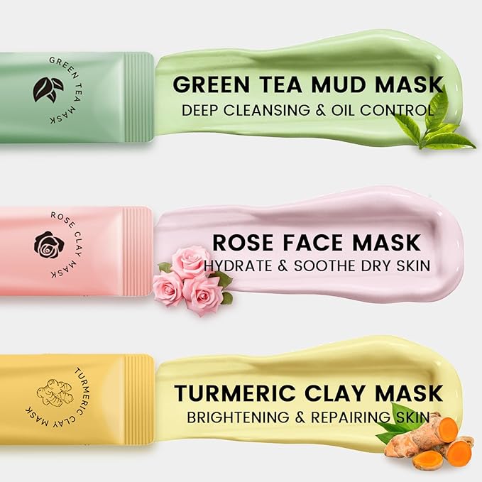 Turmeric Clay Mask, Rose Face Mask & Green Tea Mud Mask 12 PCS - Spa Facial Mask Set Gift for Women & Men, Skin Care Set for Deep Cleansing, Moisturizing, and Refining Pores,Travel-Friendly & Portable