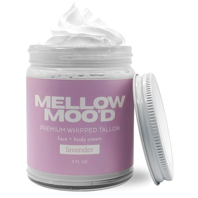 Mellow Moo'd Whipped Grass Fed Beef Tallow - Face + Body Cream - Tallow Moisturizer for Sensitive Skin - Natural Body Butter Lotion XTRA Large 9 FL OZ - Made In USA (9oz, Lavender)