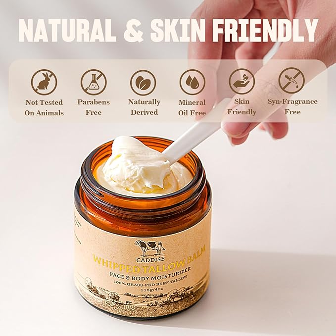 Whipped Beef Tallow for Skin–100% Grass-Fed Handmade Cream Moisturizer for Face & Body, Natural with Honey, Shea Butter, Jojoba Oil, Non-Greasy, Nourishing for Men, Women, Kids, 4 Oz (Vanilla)