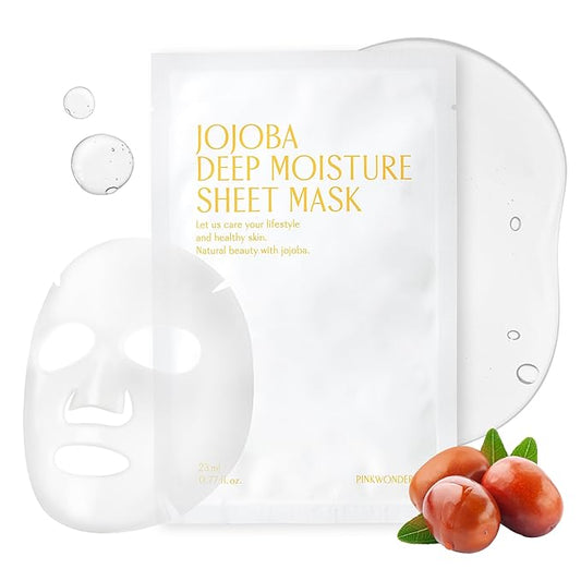 PINKWONDER Jojoba Deep Moisture Sheet Masks (5EA), Jojoba Oil and Hyaluronic Acid, Soothing for Dry and Sensitive Skin, Vegan Fabric, Korean Skincare