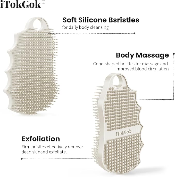 Silicone Body Scrubber Silver-Infused Dual-Sided 3-in-1 for Shower, Body Cleaning+Massage+Exfoliator Body Brush Buffer for Men and Women, Silicone Loofah, Non-Slip Handle (Stone)