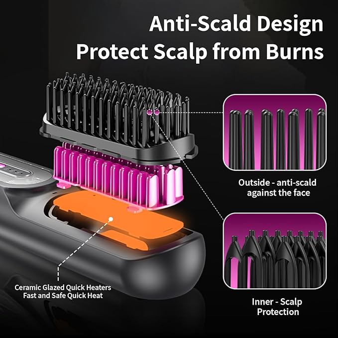 Travel Brush for Women, Portable Cordless Hair Straightener Brush, Mini Hair Straightener with 9600mAh Battery, Fast Charging & 100M Negative Ions - Cordless Portable Styler for On-The-Go (Black)