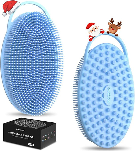 Metene 2 Pack Silicone Exfoliating Body Scrubber with Loop, Body Scrubber for Men and Women, Silicone Loofah for Shower, Soft Silicone for Shower and Bath Skincare Routine(Blue)