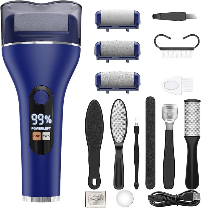 Electric Callus Remover for Feet Rechargeable Portable Electronic Foot File Pedicure Tools 16 in 1 Foot Callus Remover Kit Foot Scrubber to Remove Dead Skin (Blue)