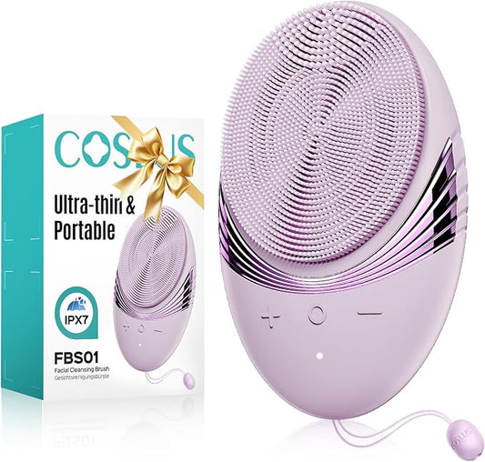 COSLUS Facial Cleansing Brush Face Scrubber : Portable Silicone Waterproof Rechargeable Face Wash Brush, 5 Cleansing Modes, Electric Deep Cleaning for Men & Women, Removing Blackhead (Light Purple)