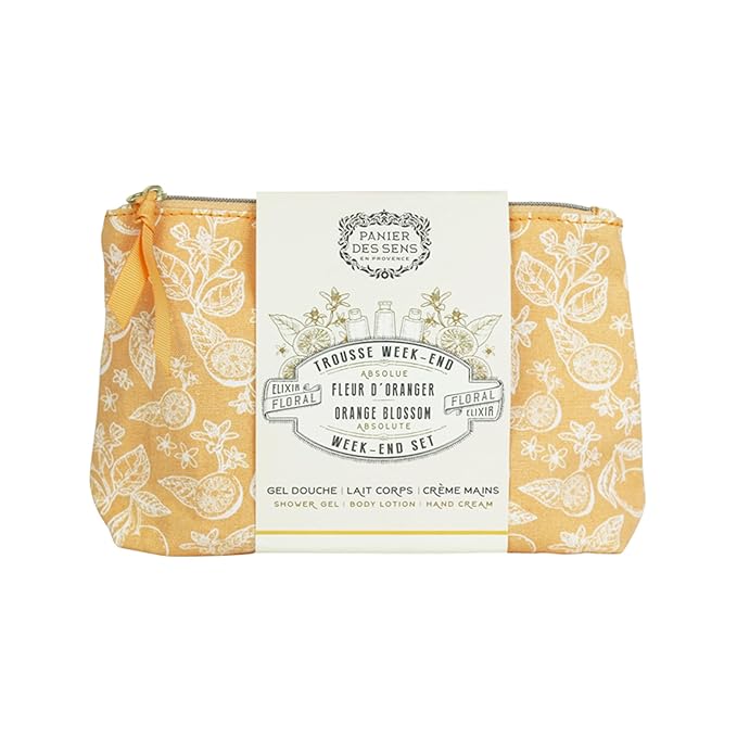 Panier des Sens - Travel Pouch Orange Blossom Gift Set - Shower Gel 3.3 fl oz + Body Lotion 3.3 fl oz + Hand Cream 1 fl oz - 97% Natural Ingredients - Made in France, Vegan Friendly Body Care