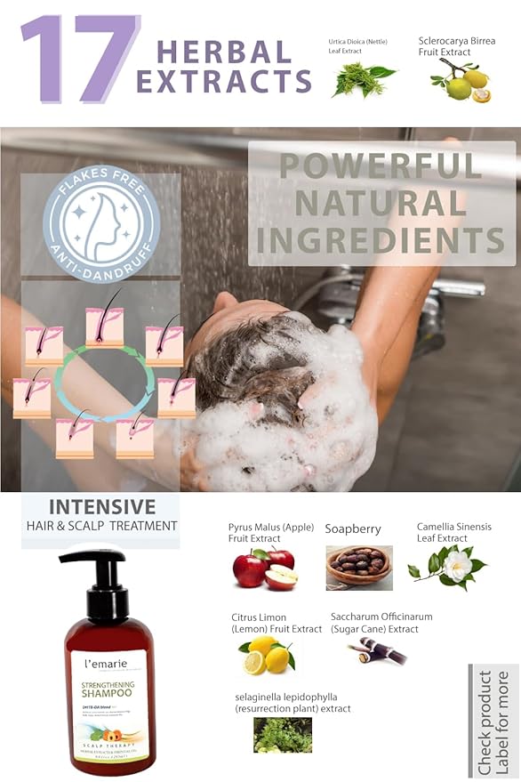 L'emarie Strengthening & Thickening Hair Growth Shampoo for Thinning Hair Pea Peptide Biotin Infused DHT Blocker For Women and Men - Hair Loss & Healthy Growth Thicker Fuller Looking Hair (8.6 Fl Oz)