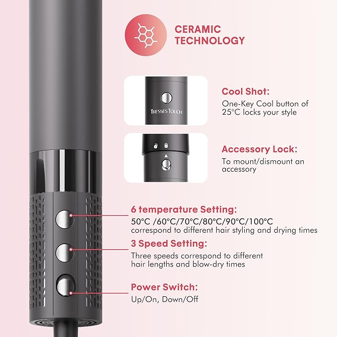 6 in 1 Blow Dryer Brush Set, Powerful Hair Dryer Brush with Auto-Winding Curl L/R, Fast Drying, Smooth Blowouts, Root-Lift Volume, No Heat Damage Frizz-Free Thermal Brush, Hot Air Styler for Travel