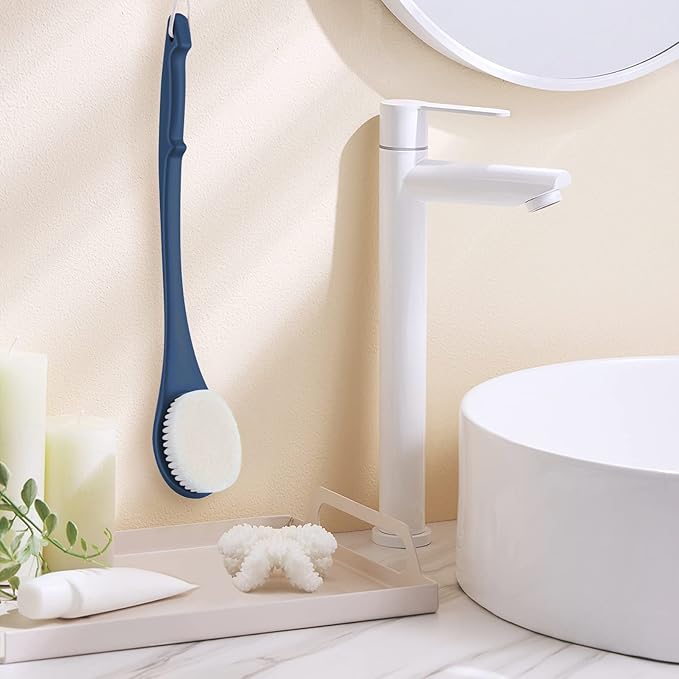 Body Back Scrubber – 17'' Long Handle Shower Brush, Durable Exfoliator for Dry & Wet Use, Deep Cleansing & Gentle Exfoliation for Smooth Skin – for Men, Women & Elderly (Navy Blue)