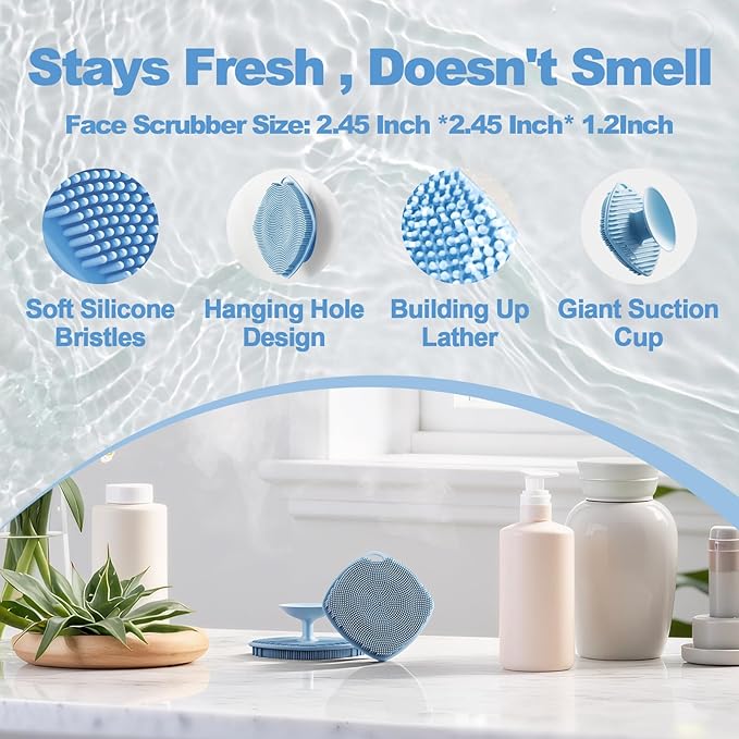 2 Pack Face Scrubbers, Silicone Face Scrubber Soft Bristles, Gentle Lather, Exfoliating & Deep Cleaning for Sensitive Skin, Giant Suction Cup Stick Securely, Easy to Store (Blue)
