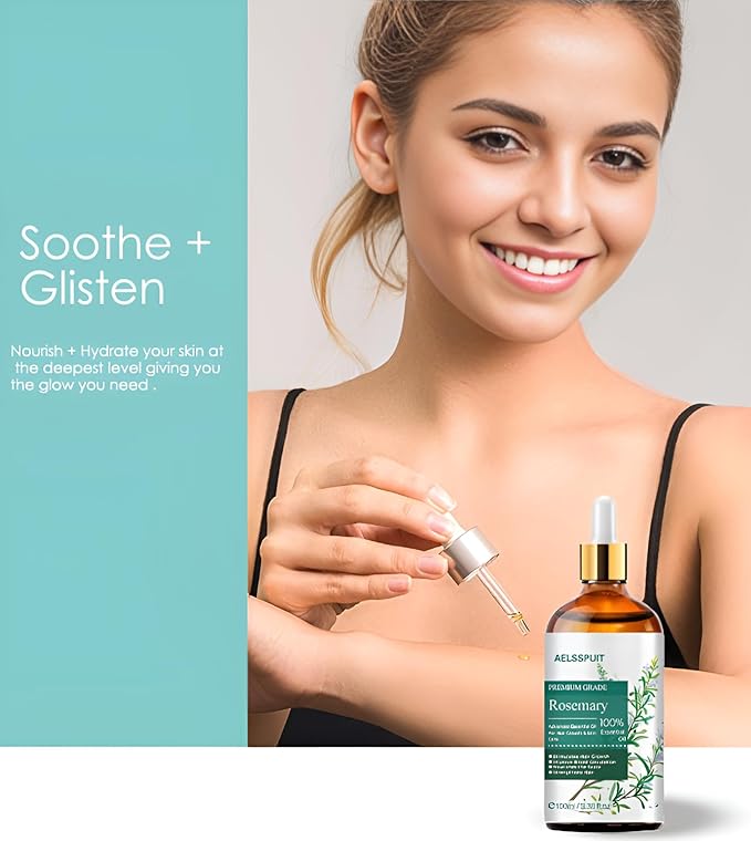 Rosemary Essential Oil for Hair Growth & Scalp Care - 3.38 Fl Oz (100ml) 100% Pure Organic Cold Pressed Oil in Glass Bottle - Aromatherapy Diffuser, Skin & Nail Treatment(Large, Rosemary)