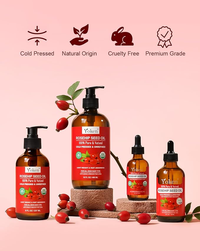 Organic Rosehip Seed Oil, USDA 100% Pure Rosehip Oils for Face, Hair & Body, Large Glass Bottle 16 fl oz Cold Pressed Rose Hip Oil for Skin Care, Moisturizing, Massage, Gua Sha & DIY Blends