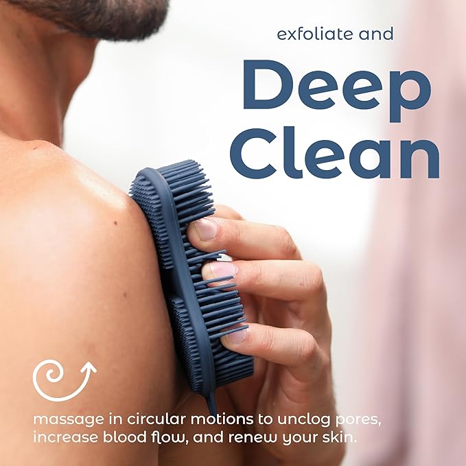 MainBasics Silicone Body Scrubber – Dual-Sided Shower Exfoliator for Men & Women, Gentle Silicone Loofah Alternative for Deep Clean (Dark Blue, Exfoliate)