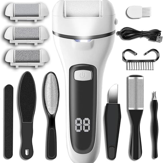 Callus Remover for Feet Electric Foot File, 13-in-1 Professional Pedicure Tools Foot Care Kit, Foot Scrubber Pedi for Hard Cracked Dry Dead Skin, 3 Rollers, 2 Speed, Battery Display (White&Grey)