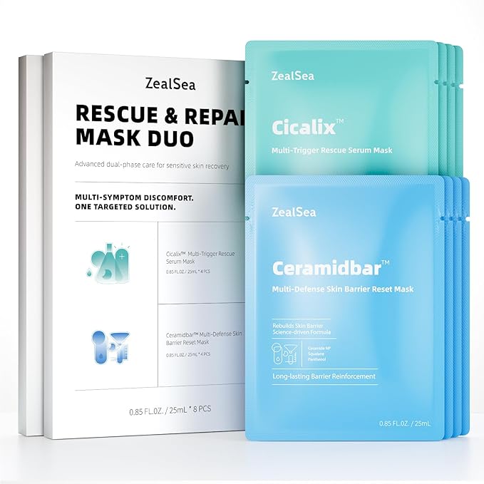 ZealSea Cicalix & Ceramidbar Face Masks Skincare Set, Derm Solution Sheet Mask for Multi-Trigger Sensitivity, Soothing & Calming, Strengthen & Restore Skin, Facial Mask with Cica & Ceramide, 16 Pack