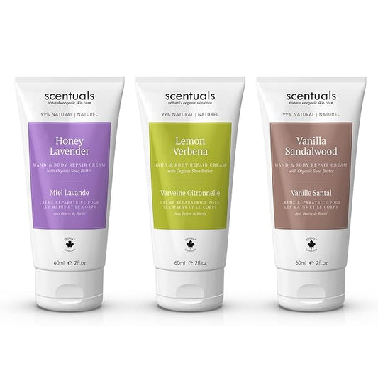 Hand Cream Set of 3, with Shea Butter, Cocoa Butter, Argan & Almond oil, Moisturizing Dry Hands, (Lemon Verbena, Honey Lavender, Vanilla Sandalwood) 60 ml (2 fl.oz. x 3)