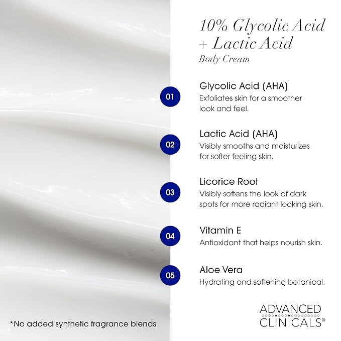 Advanced Clinicals 10% Glycolic Acid + Lactic Acid Lotion Exfoliant Moisturizing Cream With Hyaluronic Acid Moisturizer | AHA Exfoliating Body Cream Improves Look Of Uneven Rough Skin Texture, 2-Pack
