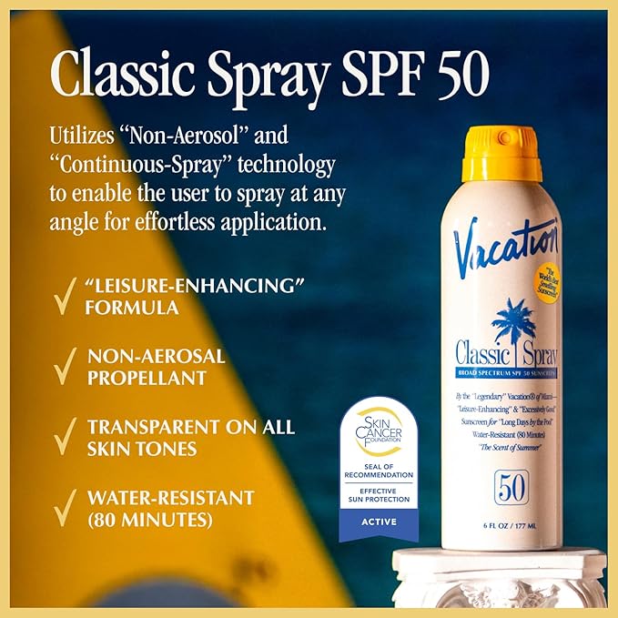 Vacation Classic Sunscreen Spray SPF 50 & Air Freshener Bundle, Water-Resistant, Lightweight, Transparent on All Skin Tones, Dermatologist-Tested, Vegan, 6 Fl. Oz.