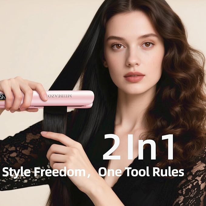 Flat Iron Hair Straightener and Curler 2 in 1, Professional 3D Floating Ceramic Plates with Dual Voltage, Negative Ion, LED Display & Auto Shut-Off for Smooth, Shiny, Frizz-Free Hair