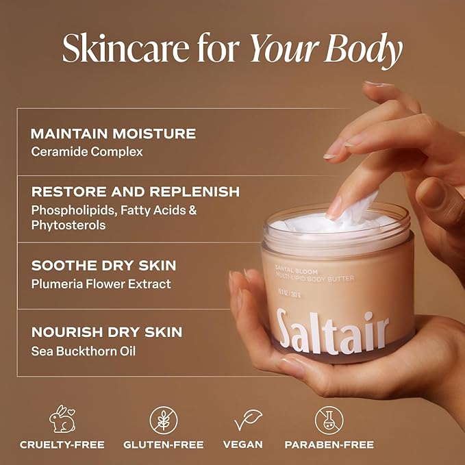 Saltair Multi-Lipid Body Butter - Rich, Nourishing Hydrating Body Cream with Ceramide Complex, Coconut Oil, Shea Butter, and Sea Buckthorn. Moisturizing Dry Skin Care. 10oz Jar - Santal Bloom