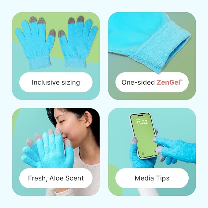 ZenToes Moisturizing Gloves for Dry Hands, Gel Infused with Jojoba Seed Oil, Olive Oil and Vitamin E, Overnight Hand Moisturizer (OSFM, Fuzzy Blue with Media Tips)