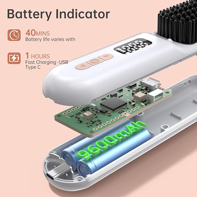 Hair Straightener Brush, Portable Cordless Straightening Brush for Travel, Negative Ion Hot Comb Hair Straightener with 9 Temps for Women, Anti-Scald Ceramic, Fast Charge