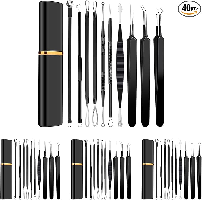 40pcs Pimple Popper Tool Kit Stainless Steel Blackhead Remover Tool Comedones Extractor for Forehead Facial Nose Lightweight Acne Needle Tool with Metal Case for Travel Home Use