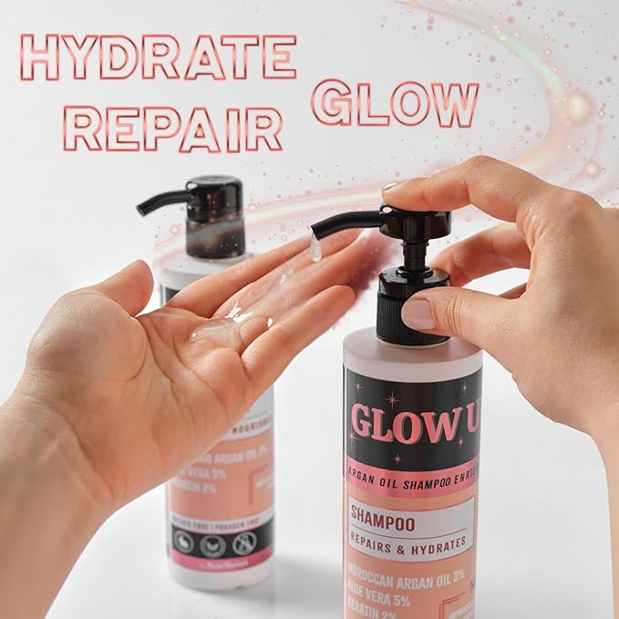 GLOW UP by Nurse Harvey's - Argan Oil Shampoo & Conditioner Set with Keratin & Aloe Vera, 14 fl oz Each – Repairs, Hydrates, Restores Shine – Sulfate Free, Paraben Free, Vegan & Cruelty Free