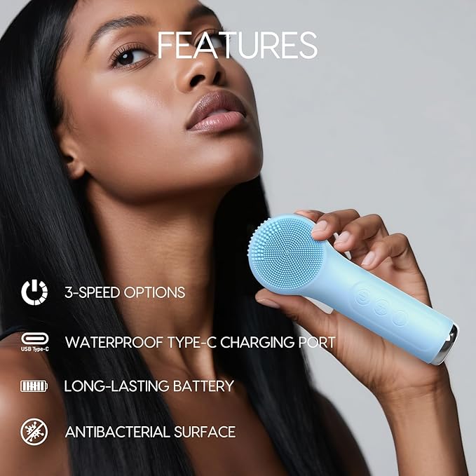 Silicone Facial Cleansing Brush, Portable Electric Face Scrubber with Heat and Vibration, 3 Modes Adjustable, Waterproof IPX6, USB-C Rechargeable, Deep Cleansing, Exfoliating and Massage