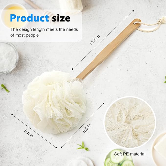 White Loofah on a Stick PE Soft Mesh Luffa Made of Soft and Sturdy Rubber Material Back Scrubber for Shower for Women and Men with String for Easy Hanging