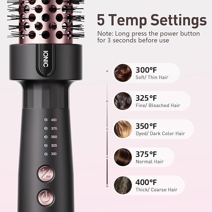 Ionic Thermal Brush, 1.5 Inch Thermal Round Brush, Heated Curling Brushes Makes Hair Smoother Get Natural Curls, 5 Temp Settings, Universal Voltage for Travel, Easy to Use, Rose Gold