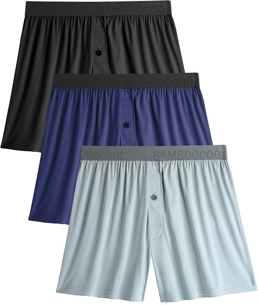 BAMBOO COOL Soft Men's Boxer Shorts 3 Pack,Silk Feeling Underwear for men with Button Fly,Breathable Loose Fit Boxers
