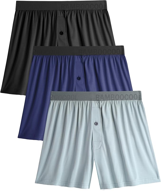 BAMBOO COOL Soft Men's Boxer Shorts 3 Pack,Silk Feeling Underwear for men with Button Fly,Breathable Loose Fit Boxers