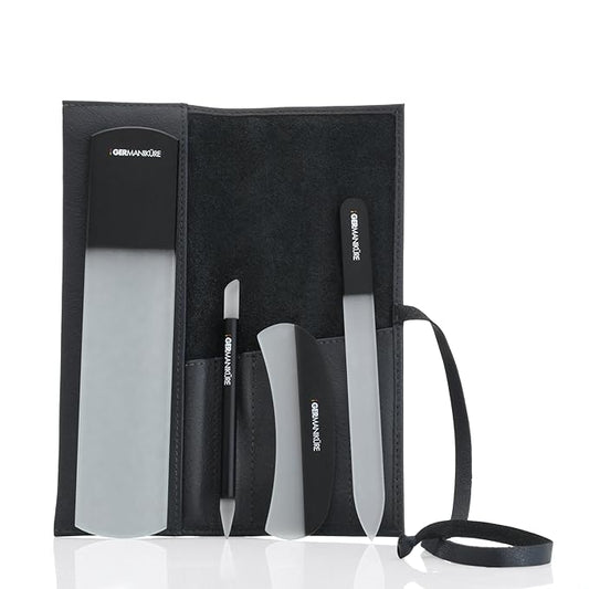 4pcs Manicure Set Genuine Czech Crystal Black Glass Nail File Moon File Manicure Stick Pedicure Foot Care Bar in Black Leather by GERmanikure