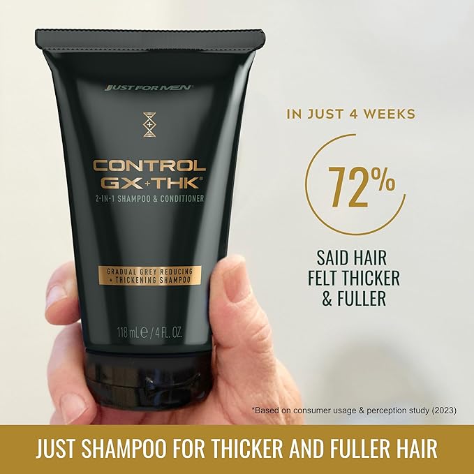 Just for Men Control GX + THK Thickening Shampoo and Conditioner with Grey Reduction, Shampoo for Thinning Hair with Alpha Keratin, Thickens Hair Up to 20%, Works with Every Hair Texture, 4 oz