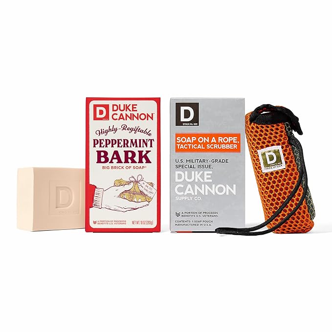 Duke Cannon Supply Co. Peppermint Bark Big Brick of Soap - 10oz Holiday Bar with Tactical Scrubber | U.S. Military-Grade Pouch | Coarse and Soft Mesh