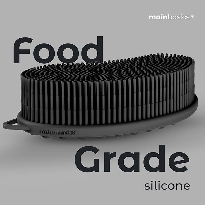 MainBasics Silicone Body Scrubber – Dual-Sided Shower Scrubber with Massage Nodes, Silicone Loofah Alternative for Deep Clean (Black, Massage)